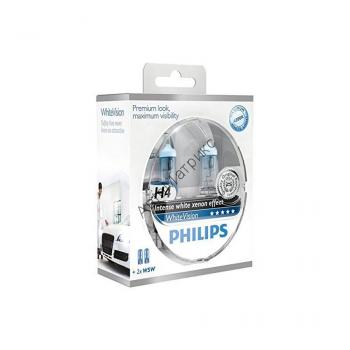PHILIPS 12342WHVSM Комплект Ламп Н4 + W5W WhiteVision BOX Philips WhiteVision с эффектом яркого белого ксенонового света 
Комплект состоит из 2-х ламп: H4 12V 60/55W (P43t) и 2-х ламп: W5W 12V-5W (W2,1x9,5d) WHV