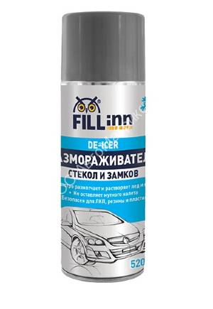 FILL INN FL091 Размораживатель стекол и замков 520мл. FILL INN FL091 - аэрозольное средство для быстрого и эффективного удаления снега и наледи со стекол, зеркал, фар, замков и других наружных элементов автомобиля, подвергшихся обледенению. Не оставляет следов и разводов на стеклах, обеспечивая водителю отличную видимость в морозную погоду. Защищает детали автомобиля от повторного замерзания. Предотвращает абразивный износ стекла и щеток стеклоочистителя. Безопасен для покрытия кузова, резиновых и пластиковых частей. Объем - 520 мл. Рекомендации производителя по применению: распылить средство на расстоянии 20-30 см от поверхности. Подождать минуту, после чего убрать со стекла образовавшуюся жидкость сгоном для воды. Для предотвращения образования наледи рекомендуется наносить средство заблаговременно.