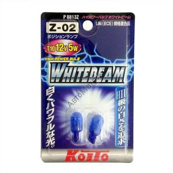 Koito P8813Z Whitebeam Комплект габаритных ламп W5W Z-02 T10 12V 5W (3900K) 2 шт.  Koito Whitebeam Z-02 W5W T10 12V 5W (ярко белый, блистер, 3900K) 2 шт.
1) Увеличенная яркость! +25% более яркий свет (по сравнению с предыдущей версией Whitebeam).
2) Яркий Белый свет для стильного дизайна вашего автомобиля!
3) Увеличенный в 3 раза срок службы (по сравнению с предыдущей версией Whitebeam). Лампа не выцветает и не теряет своей яркости.